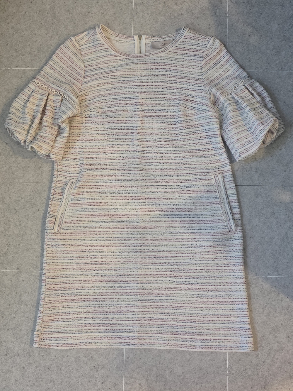 LOFT Cream Striped Tweed Puff-Sleeve Shift Dress